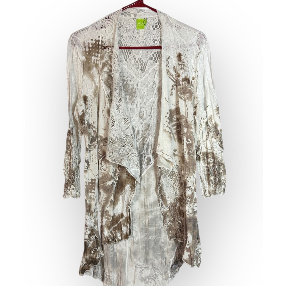 Adam‎ Jacobs Women's Cardigan White Brown Fairy Lace Print Open Front Duster L